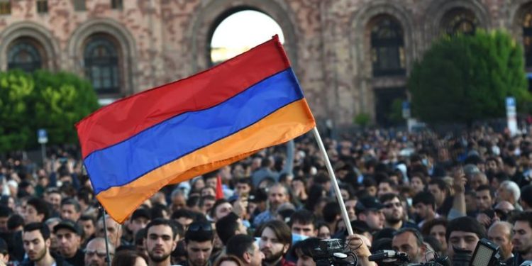 Activists of '#merjirserjin' initiative under the leadership of MP Nikol Pashinyan hold a protest rally against former Armenian president Serzh Sargsyan to the post of Prime Minister on the Republic Square of Yerevan, Armenia, 17 April 2018